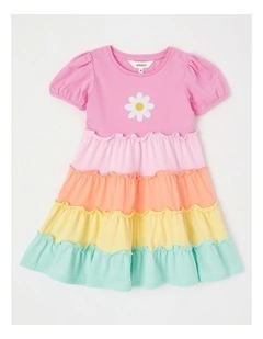 Short Sleeve Jersey Tiered Dress With Sequin Daisy in Pink Multi