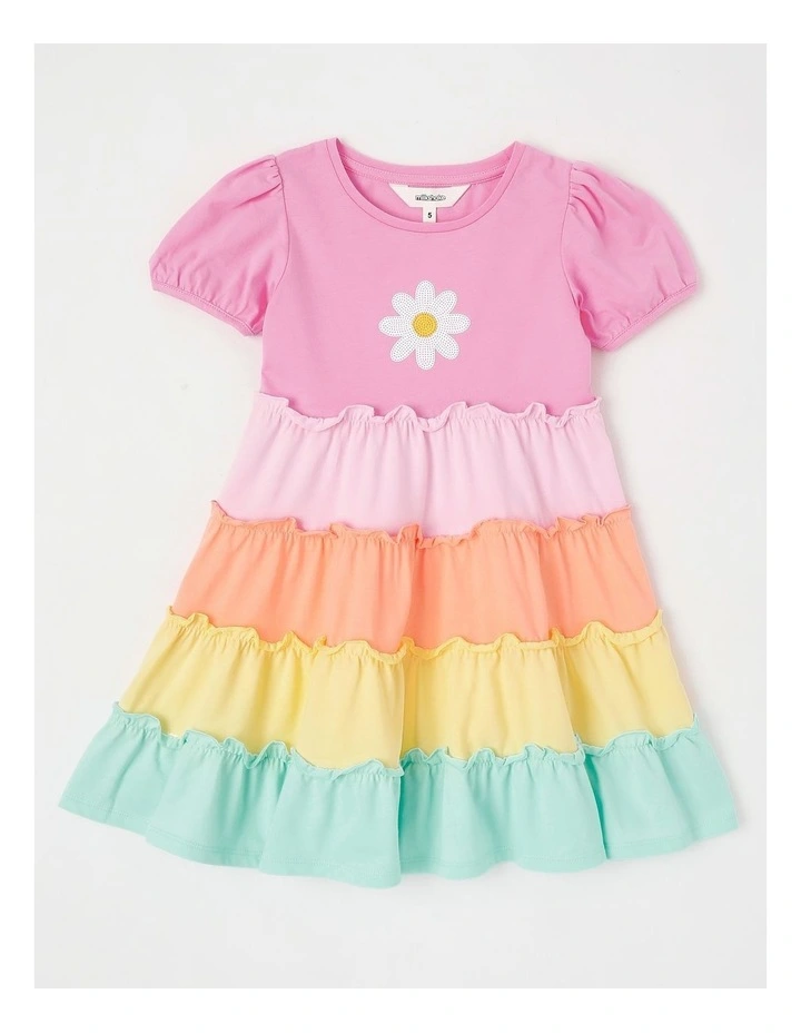 Short Sleeve Jersey Tiered Dress With Sequin Daisy in Pink Multi image 1