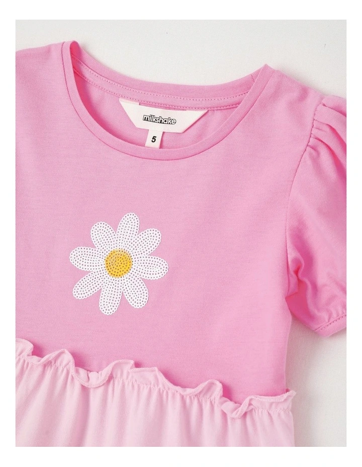 Short Sleeve Jersey Tiered Dress With Sequin Daisy in Pink Multi image 2