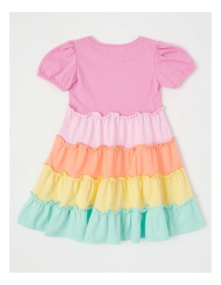 Short Sleeve Jersey Tiered Dress With Sequin Daisy in Pink Multi image 3