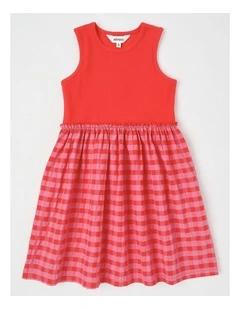 Sleeveless Rib Knit Tank with Gingham Skirt Dress in Red