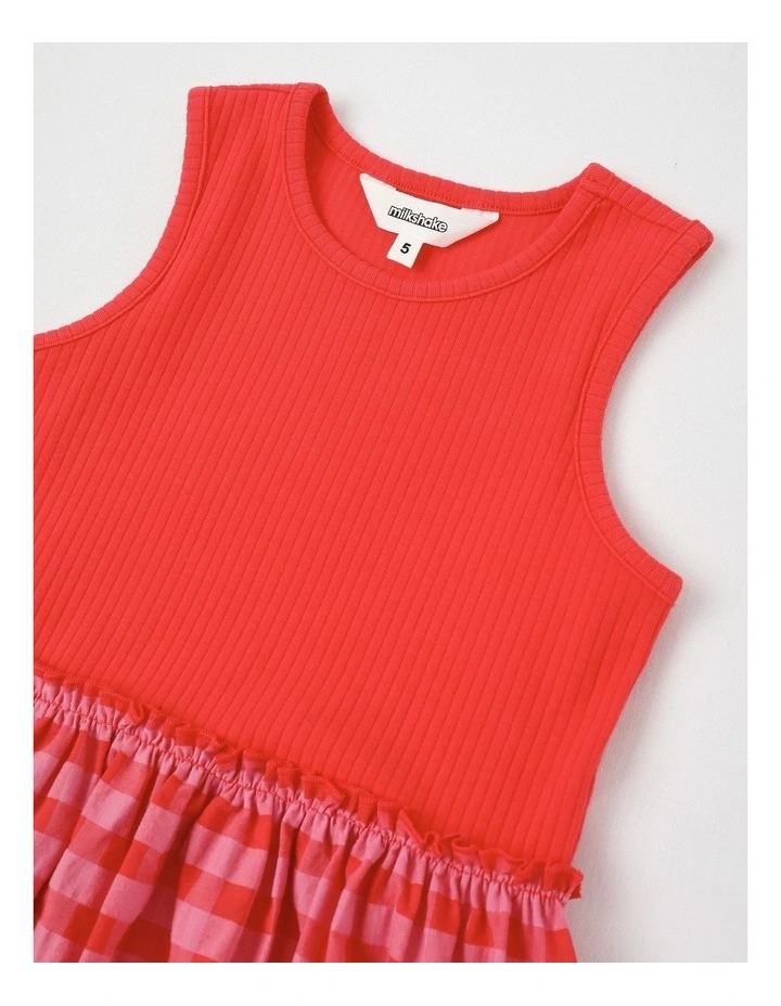 Sleeveless Rib Knit Tank with Gingham Skirt Dress in Red image 2
