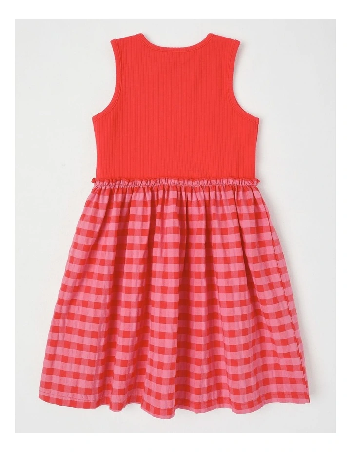 Sleeveless Rib Knit Tank with Gingham Skirt Dress in Red image 3