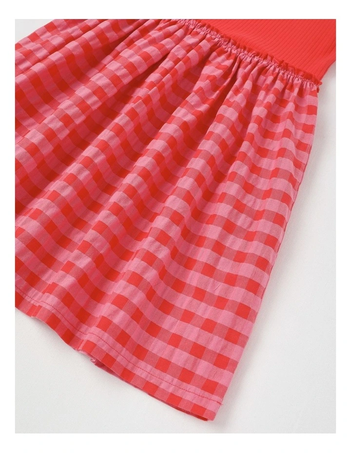 Sleeveless Rib Knit Tank with Gingham Skirt Dress in Red image 4