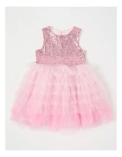 Sleeveless Sequin Bodice Ombre Tulle Tutu Dress in Pink