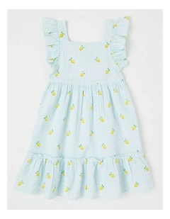 Short Sleeve Flutter Sleeve Tiered Dress in Lemon Light Blue Stripe