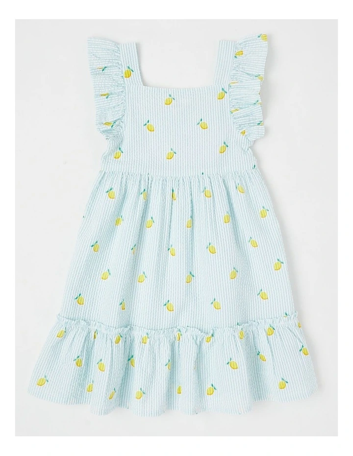 Short Sleeve Flutter Sleeve Tiered Dress in Lemon Light Blue Stripe image 1