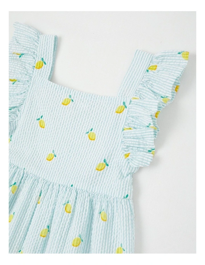 Short Sleeve Flutter Sleeve Tiered Dress in Lemon Light Blue Stripe image 2
