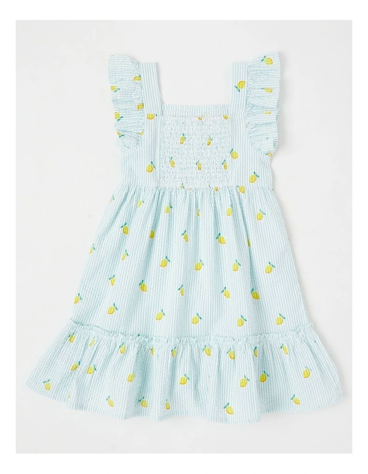Short Sleeve Flutter Sleeve Tiered Dress in Lemon Light Blue Stripe image 3