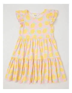 Frill Sleeve Jersey Dress in Lemons/Pink