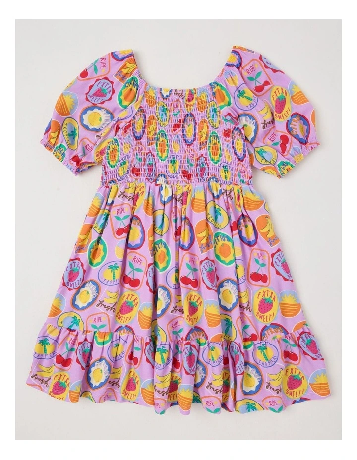 Puff Sleeve Shirred Dress in Tropical Vacation Pink image 1