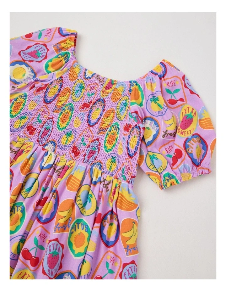 Puff Sleeve Shirred Dress in Tropical Vacation Pink image 2