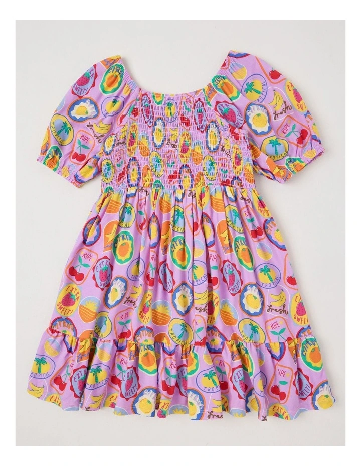 Puff Sleeve Shirred Dress in Tropical Vacation Pink image 3