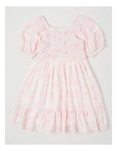 Puff Sleeve Shirred Dress in Summer Squiggle in White & Pink