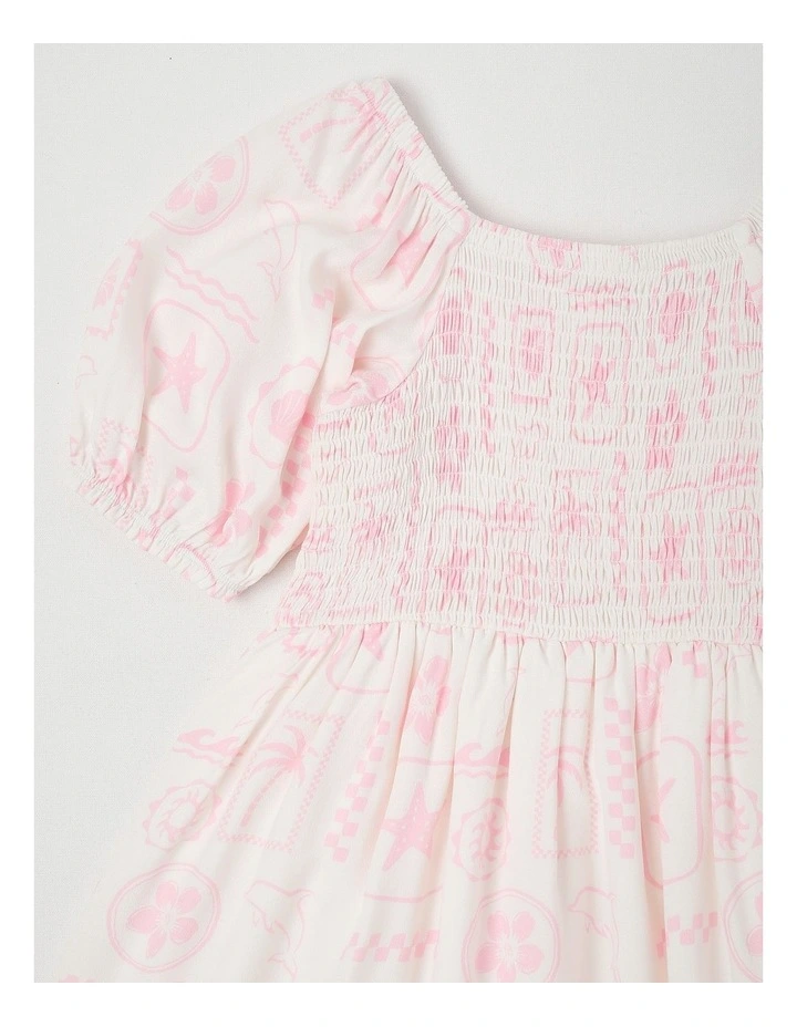 Puff Sleeve Shirred Dress in Summer Squiggle in White & Pink image 2