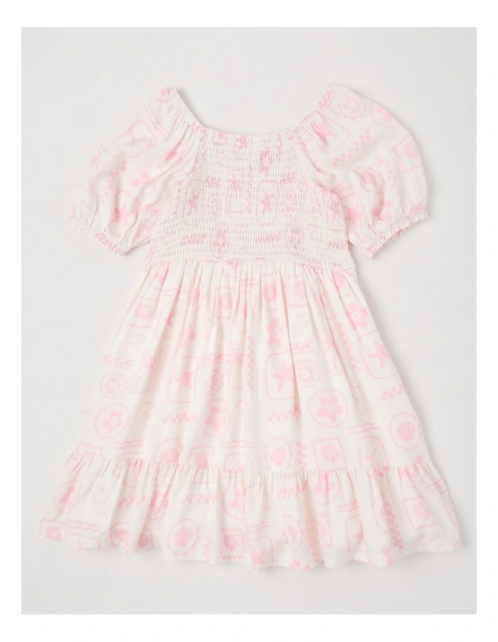 Puff Sleeve Shirred Dress in Summer Squiggle in White & Pink image 3