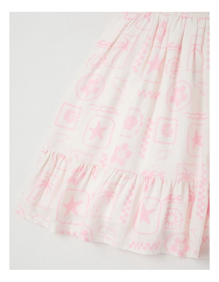 Puff Sleeve Shirred Dress in Summer Squiggle in White & Pink image 4