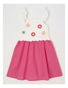 Crochet Applique Dress in Hot Pink/White