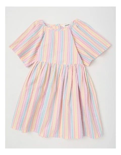 Short Sleeve Raglan Dress With Cut Out Back in Rainbow Stripe