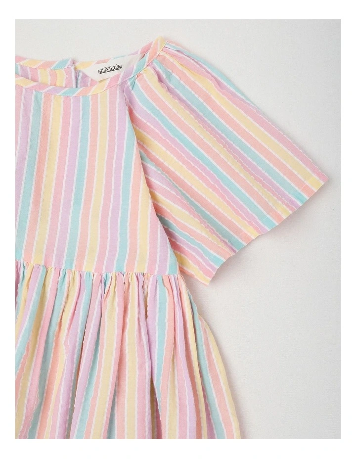 Short Sleeve Raglan Dress With Cut Out Back in Rainbow Stripe image 2