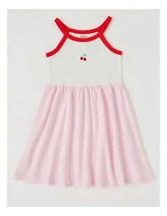 Halter Neck Knit Kinder Dress in Cherries/Light Pink & White