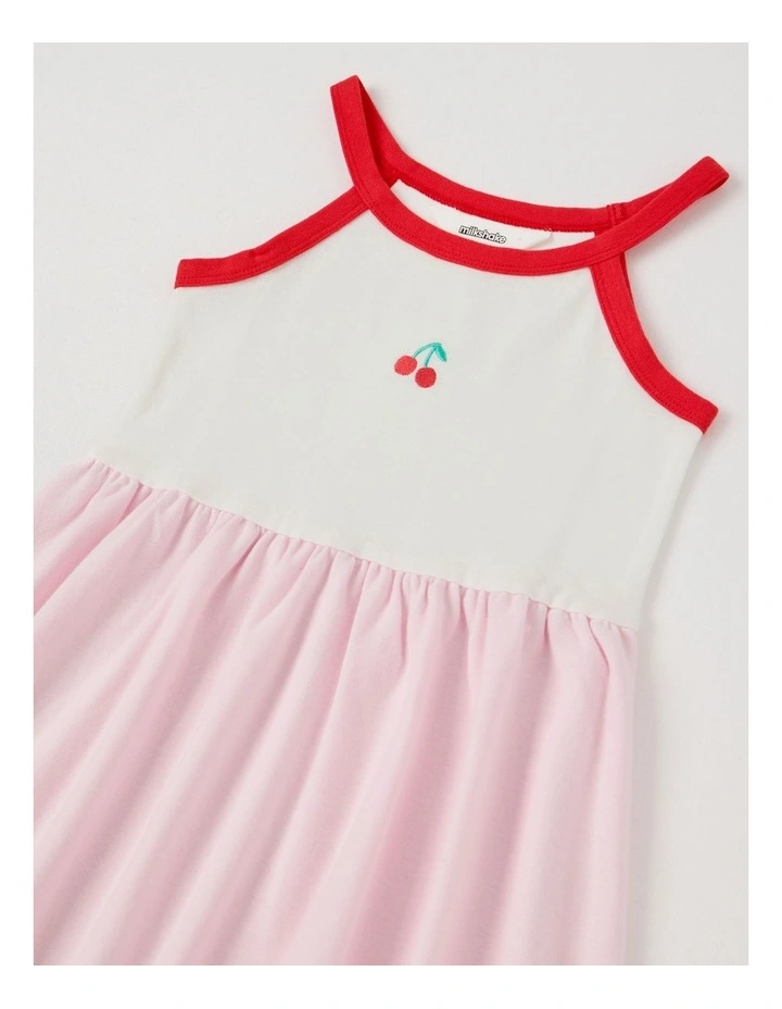 Halter Neck Knit Kinder Dress in Cherries/Light Pink & White image 2