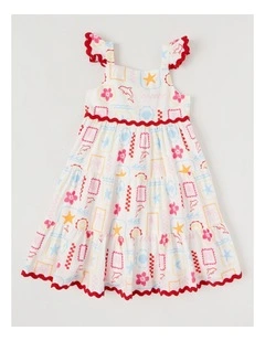 Frill Strap Tiered Dress With Ric Rac in Tropical Vacation/Multi