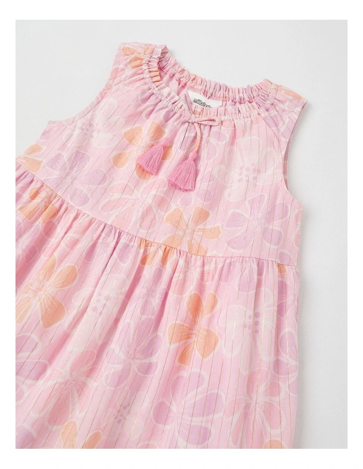 Sleeveless Lurex Tiered Dress With Ric Rac Trim in Hibiscus in Pink image 2