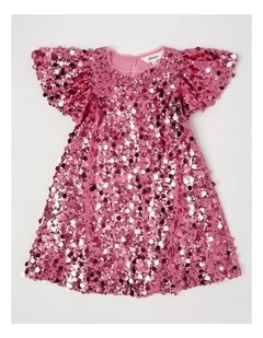 Fluted Sleeve Ombre Sequin Swing Dress in Pink