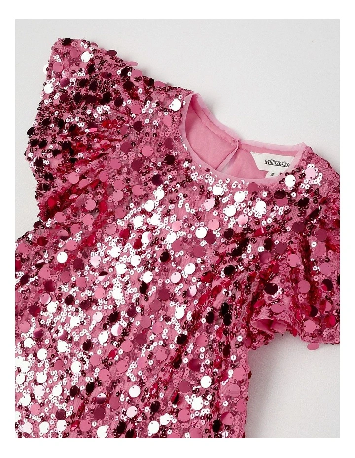Fluted Sleeve Ombre Sequin Swing Dress in Pink image 2