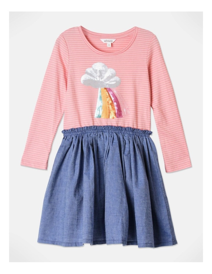 Woven Long Sleeve Jersey And Chambray Dress Pink