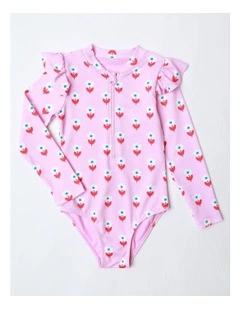 Long Sleeve One Piece Rashie with Ruffles in Pink