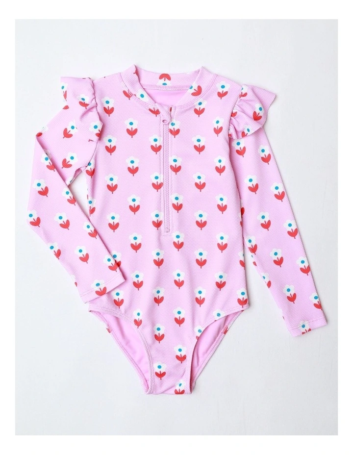 Long Sleeve One Piece Rashie with Ruffles in Pink image 1