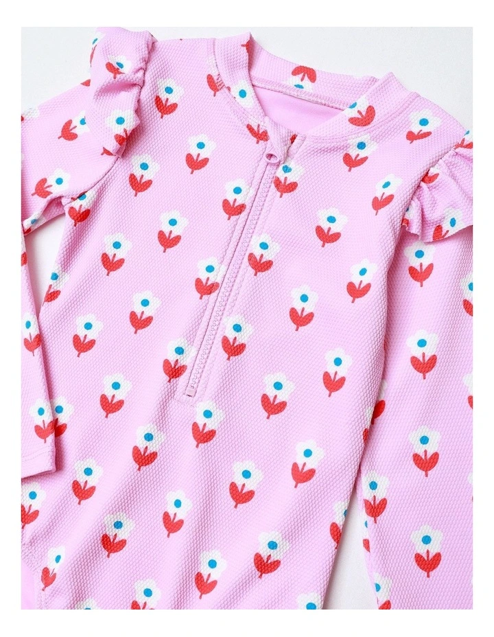 Long Sleeve One Piece Rashie with Ruffles in Pink image 2