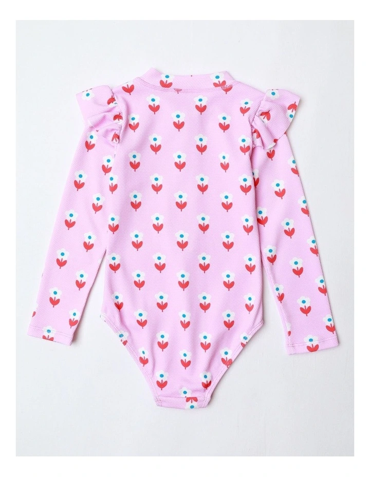 Long Sleeve One Piece Rashie with Ruffles in Pink image 3