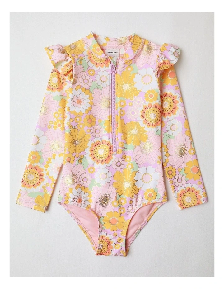 Long Sleeve One Piece Rashie with Ruffles in Floral image 1