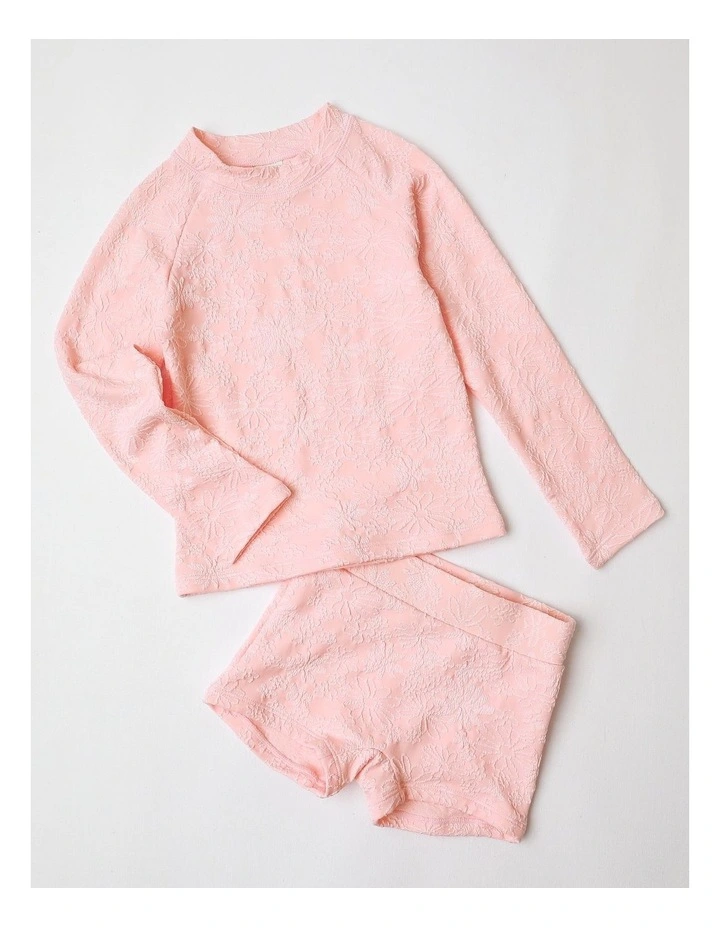 Long Sleeve Rashvest and Short Set in Pink Jacquard Floral image 1