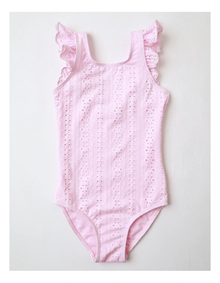 Flutter Sleeve Broiderie One Piece Bather in Pink image 1