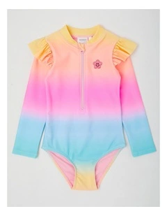 Long Sleeve Zip Front Ruffle Shoulder Swimsuit in Pink Shimmer Ombre