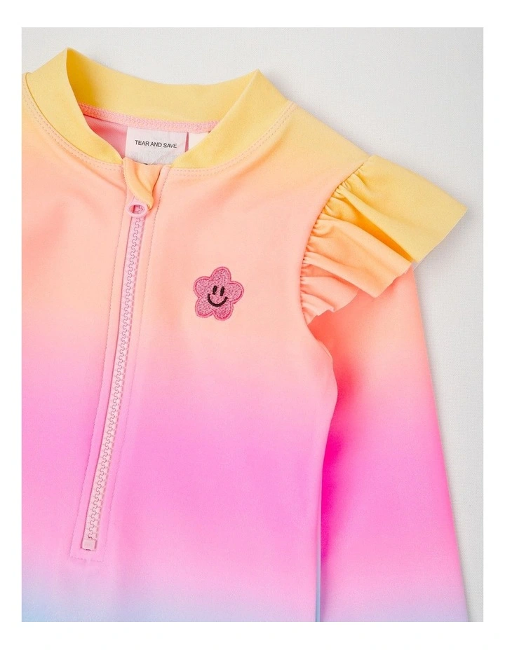 Long Sleeve Zip Front Ruffle Shoulder Swimsuit in Pink Shimmer Ombre image 2