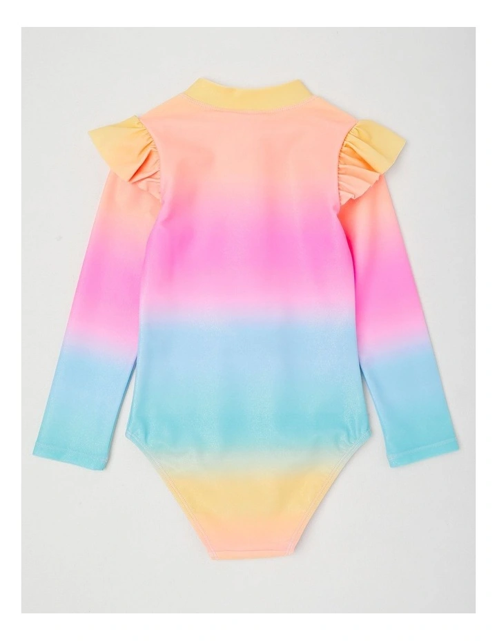 Long Sleeve Zip Front Ruffle Shoulder Swimsuit in Pink Shimmer Ombre image 3