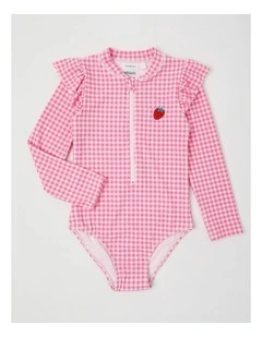 Long Sleeve Zip Front Ruffle Shoulder Swimsuit With Emb in Strawberry/ Pink Gingham
