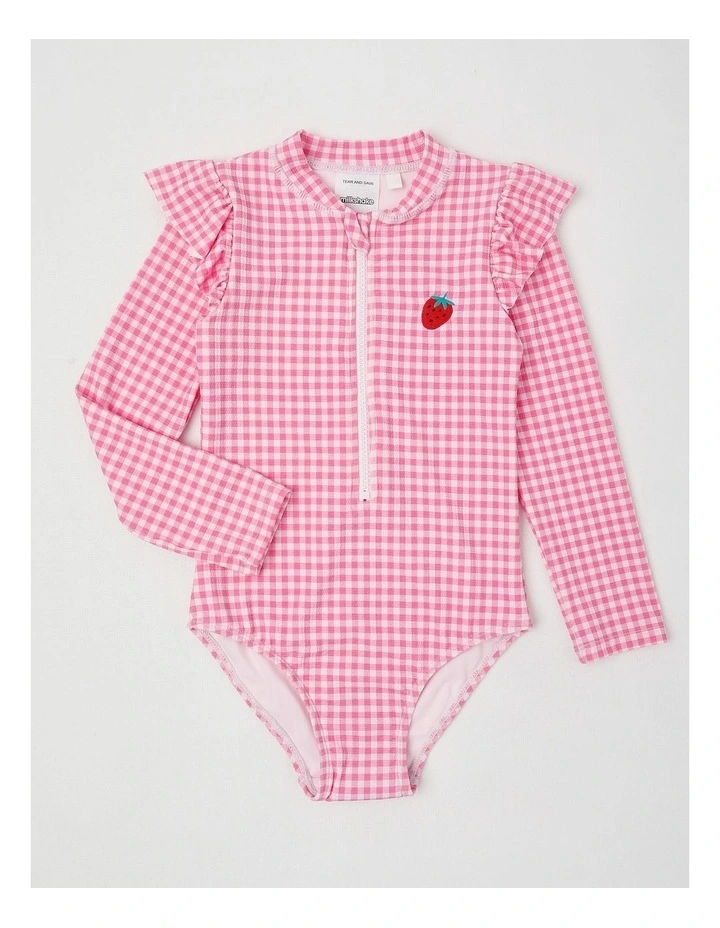 Long Sleeve Zip Front Ruffle Shoulder Swimsuit With Emb in Strawberry/ Pink Gingham image 1