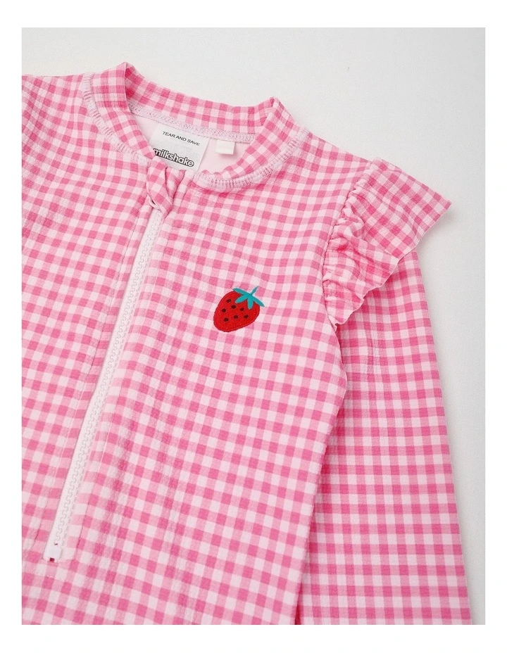Long Sleeve Zip Front Ruffle Shoulder Swimsuit With Emb in Strawberry/ Pink Gingham image 2