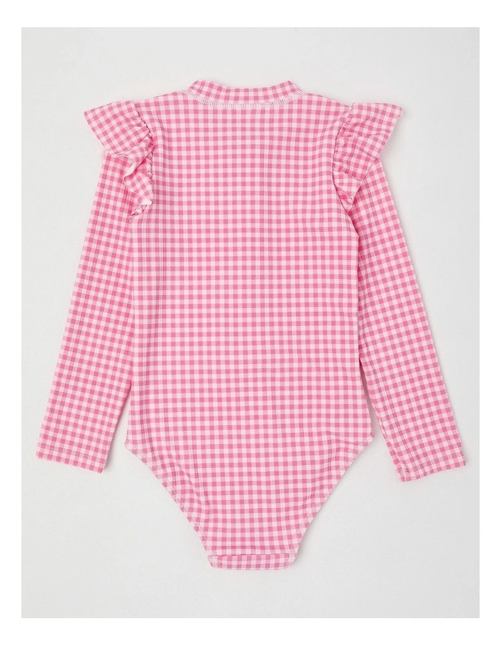 Long Sleeve Zip Front Ruffle Shoulder Swimsuit With Emb in Strawberry/ Pink Gingham image 3