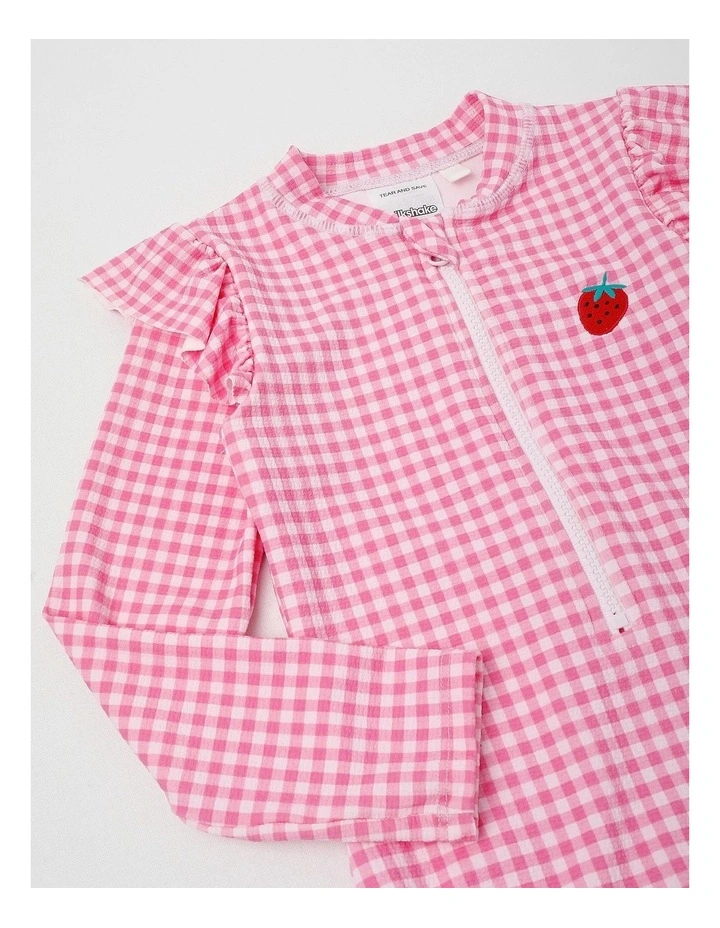 Long Sleeve Zip Front Ruffle Shoulder Swimsuit With Emb in Strawberry/ Pink Gingham image 4