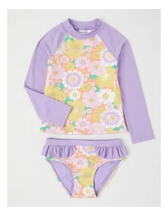 Long Sleeve Rashvest & Ruffle Bikini Bottom Set in Multi Floral Print/Lilac
