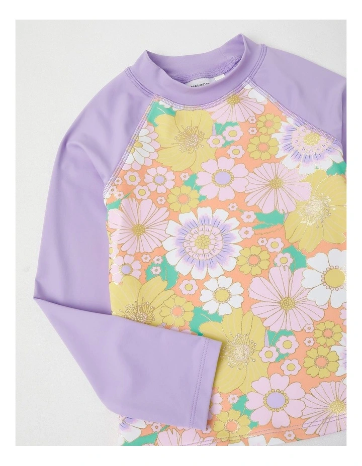 Long Sleeve Rashvest & Ruffle Bikini Bottom Set in Multi Floral Print/Lilac image 2