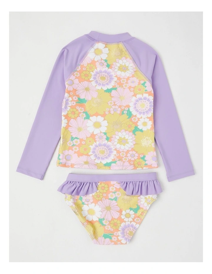 Long Sleeve Rashvest & Ruffle Bikini Bottom Set in Multi Floral Print/Lilac image 3