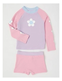 Long Sleeve Rash Vest And Shortie Set in Daisy/Lilac & Pink Splice